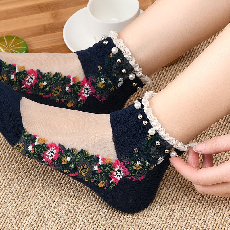 Spring Summer Retro Ankle Socks Pearl LIttle Floral Sock Mesh Patchwork Breathable Cotton Scck Cute Soft National style Hosiery