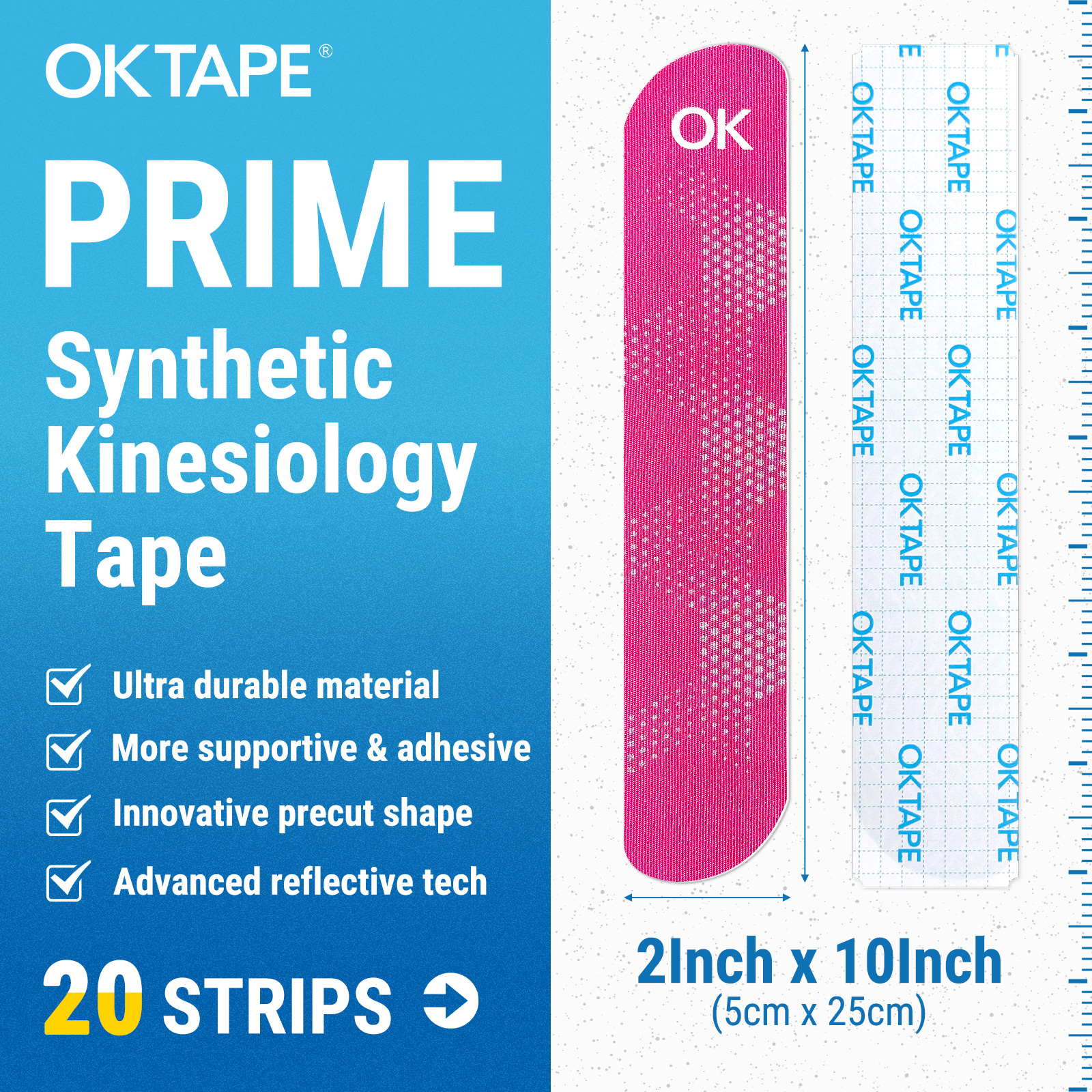 OK TAPE synthetische kinesiologietape, 20 strips, elastische atletische tape voor pijnverlichting reflecterend waterdicht, 2 "x 10" / 5 cm x 25 cm