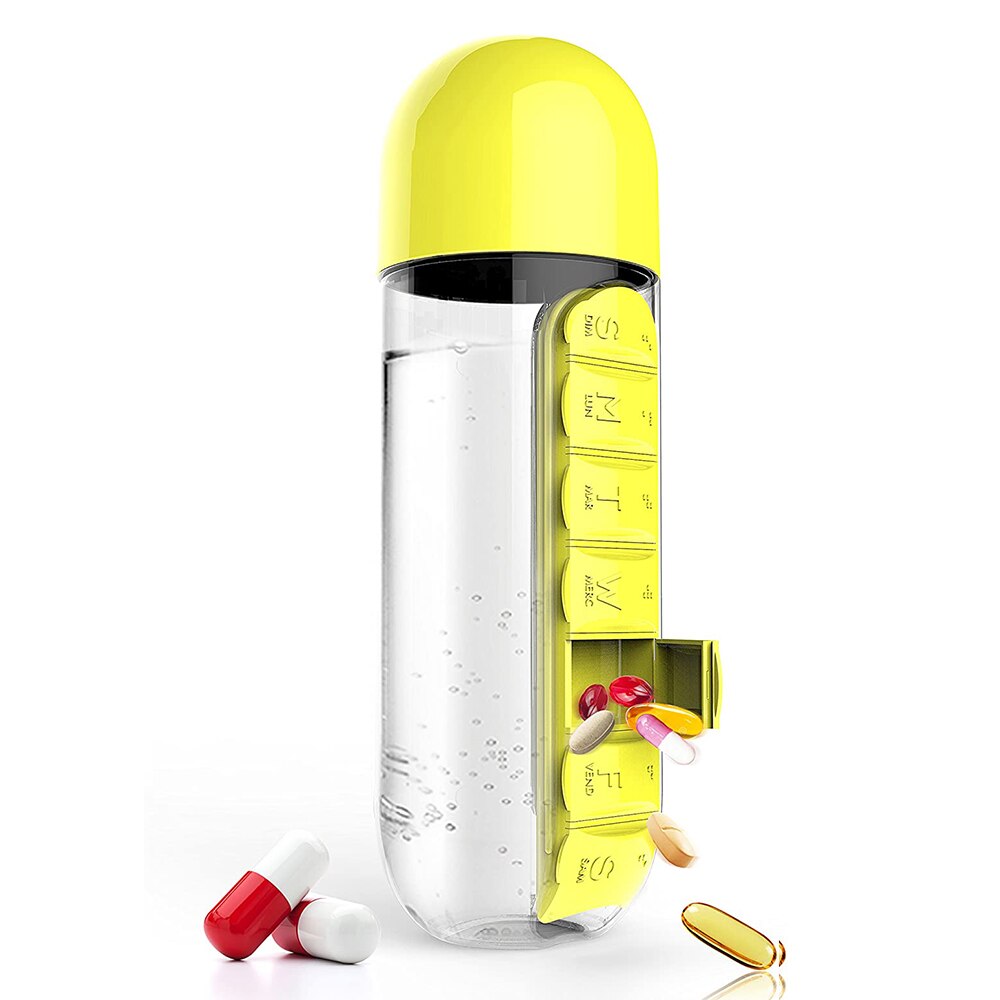600Ml Sport Plastic Water Fles Combineren Dagelijks Pill Boxes Organisator Drinken Flessen Lekvrije Fles Tumbler Outdoor: Yellow