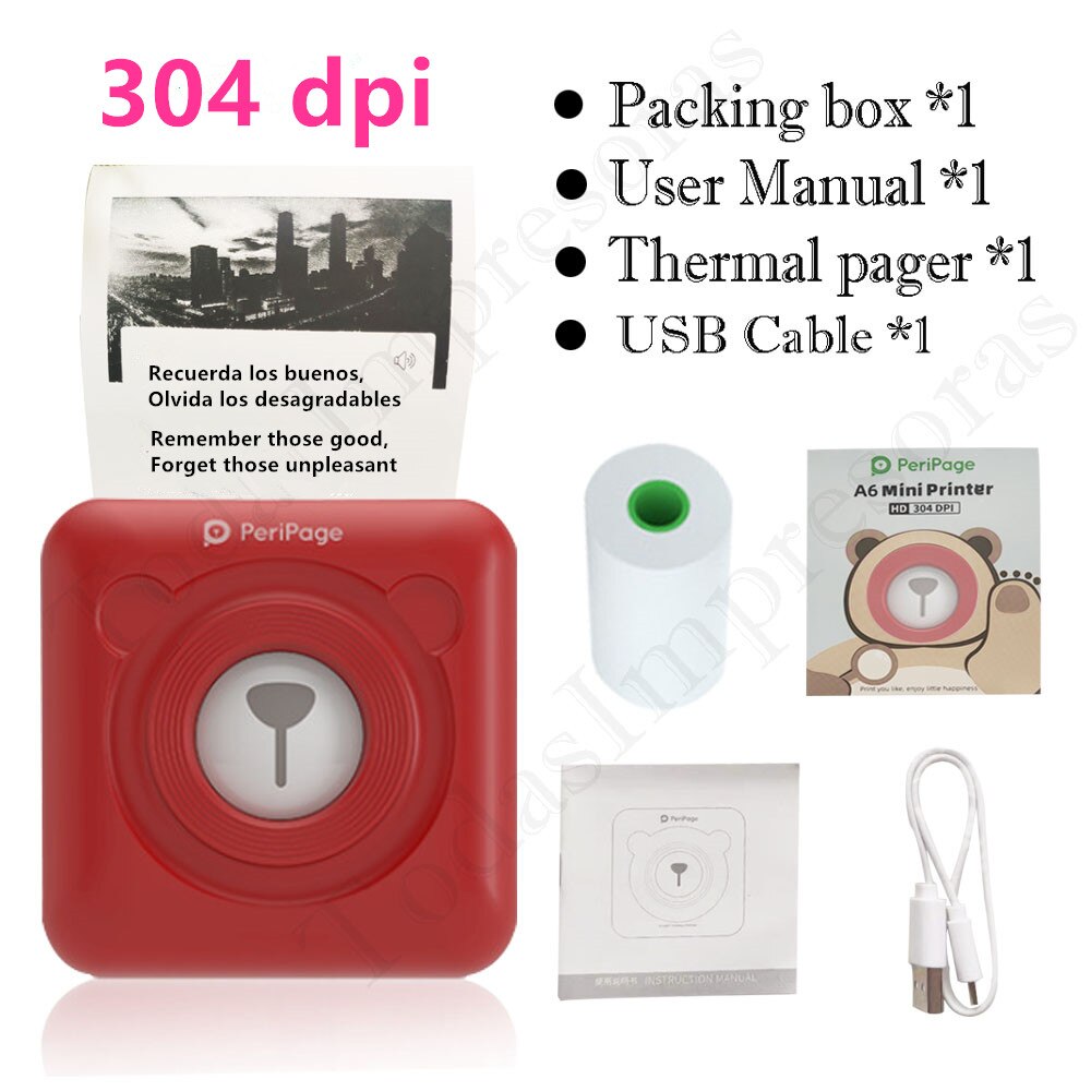 Peripage – Mini-imprimante thermique A6, 304dpi, Bluetooth, couleur marron jaune, téléphone portable, Android IOS,: A6 304 Red