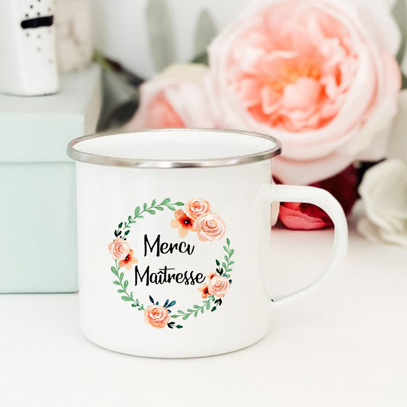 Tasses à café et thé à imprimé de fleurs françaises, créatives, pour boissons, eau et lait, en émail, poignée d&#39;école, maison, verres, pour enseignants