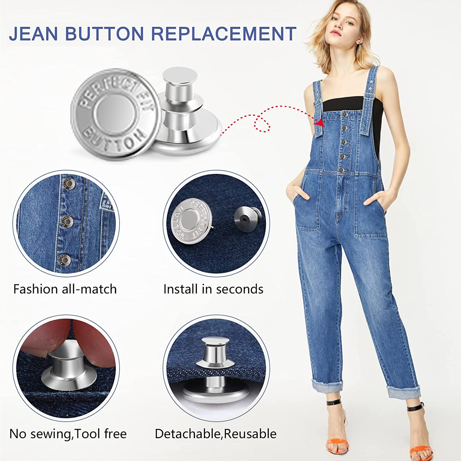 Juego de botones de Jean para pantalones vaqueros sueltos, alfileres sin costura, tensor de pantalones, botones ajustables, reemplazo para tachuelas a presión grandes, 12 juegos