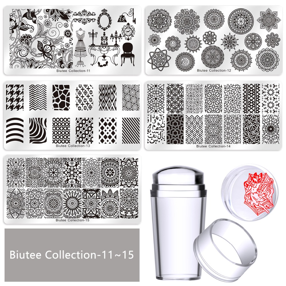 Biutee Nagel Stempel Platten einstellen 15 platte + 1 Stempel + 2 Schaber + 1 lagerung tasche Desgins NäGel Kunst stanzen Platte Schaber Stempel einstellen