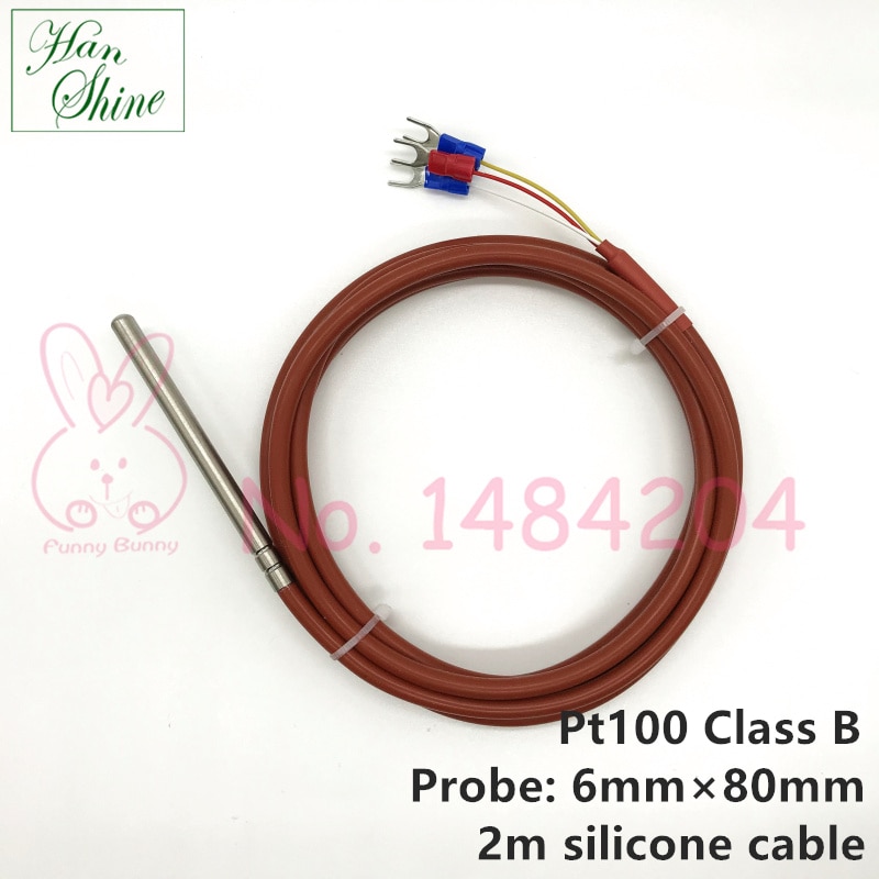 PT100 RTD Temperature Sensor 6mm*80mm Class B 2m Silicone Gel Coated Wire Platinum Resistance Pt 100 Stainless Steel Housing