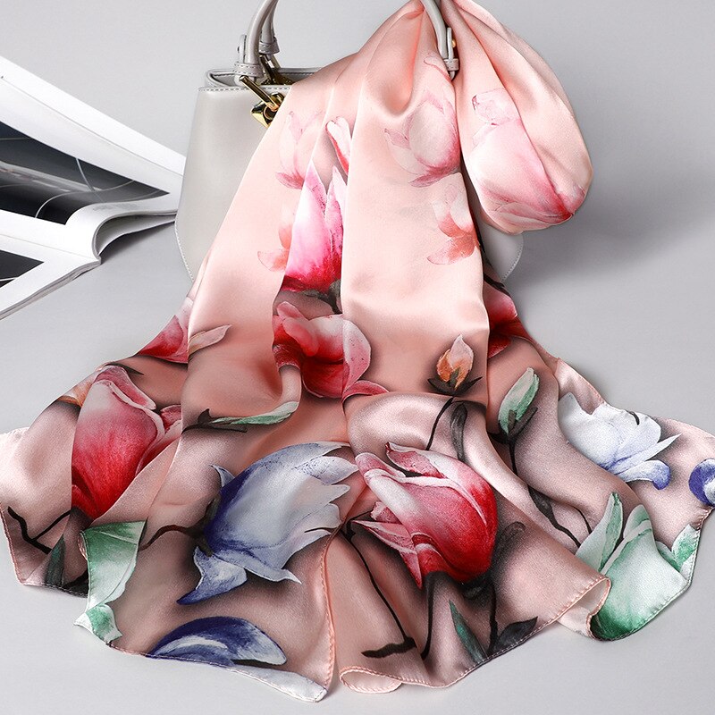 Silketørklæde kvinder blomster og fugle mønster sjaler wrap dame lang blød pashmina foulard femme vinter tørklæde: Zhens 03 lyserød