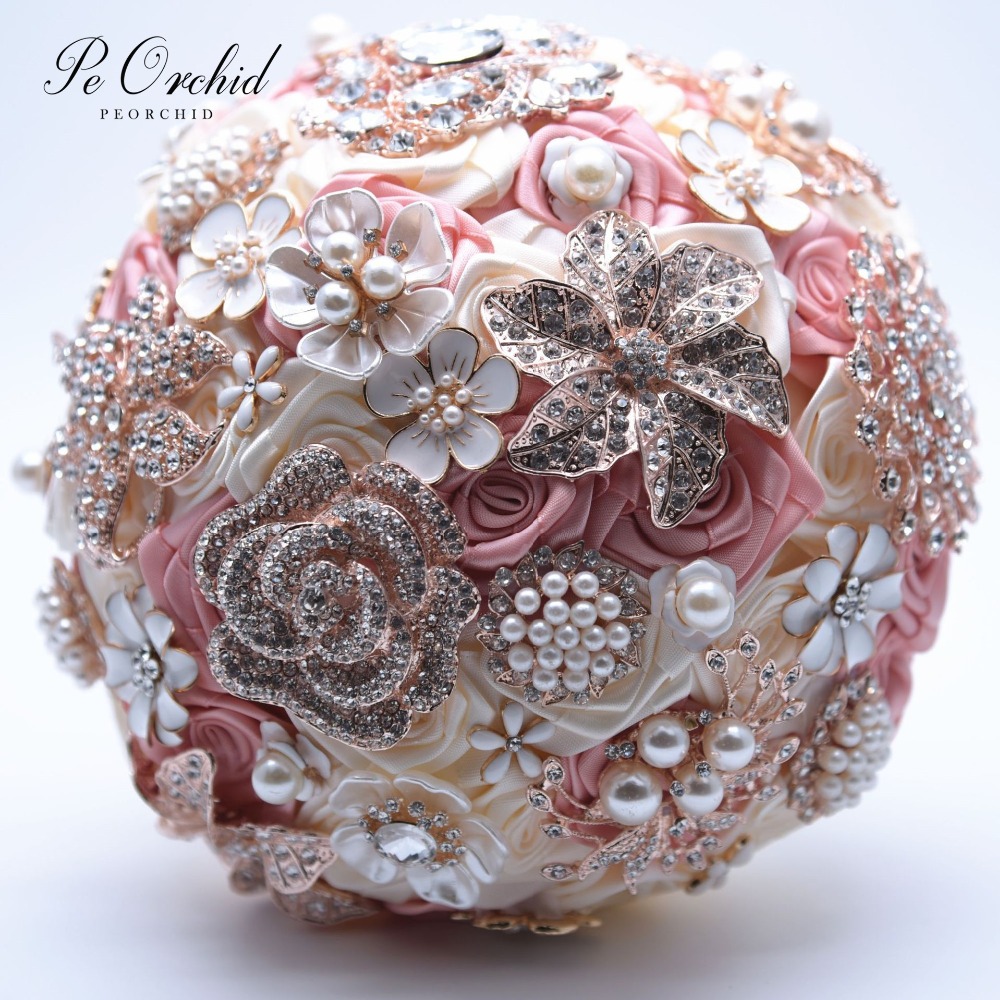 PEORCHID Luxury Bridal Bouquets With Brooches Satin Rose Bride Flower Wedding Bouquet Blumen Hochzeit Rhinestone Bouquet