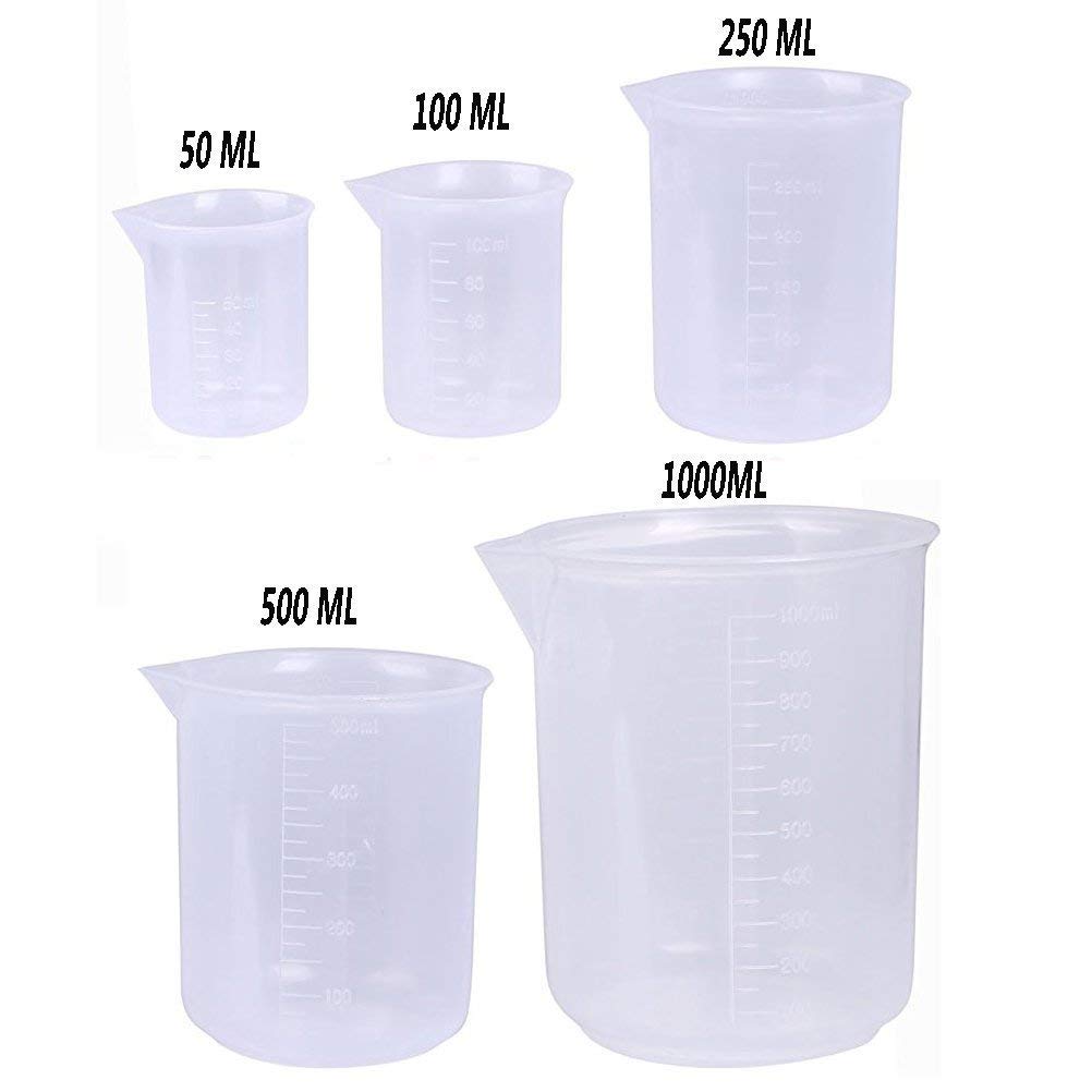 Juego de vasos medidores de plástico de 5 tamaños (50, 100, 250, 500, 1000ML) y 20 paquetes de pipetas de transferencia graduadas transparentes de 3ml