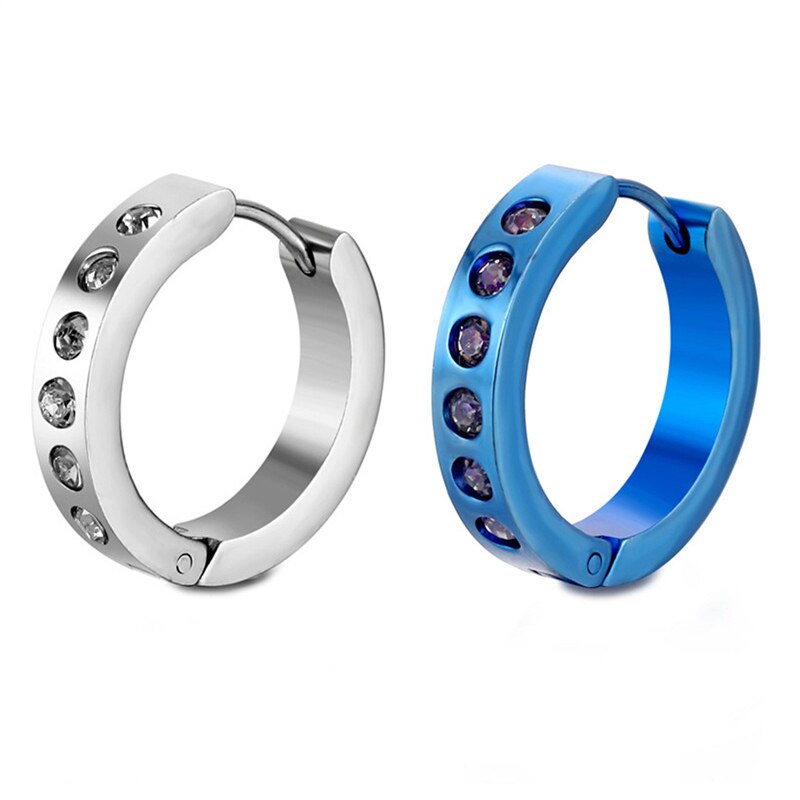Orecchini a cerchio in cristallo traforato orecchini in acciaio inossidabile tondo blu zircone per donna uomo dichiarazione di gioielli con strass