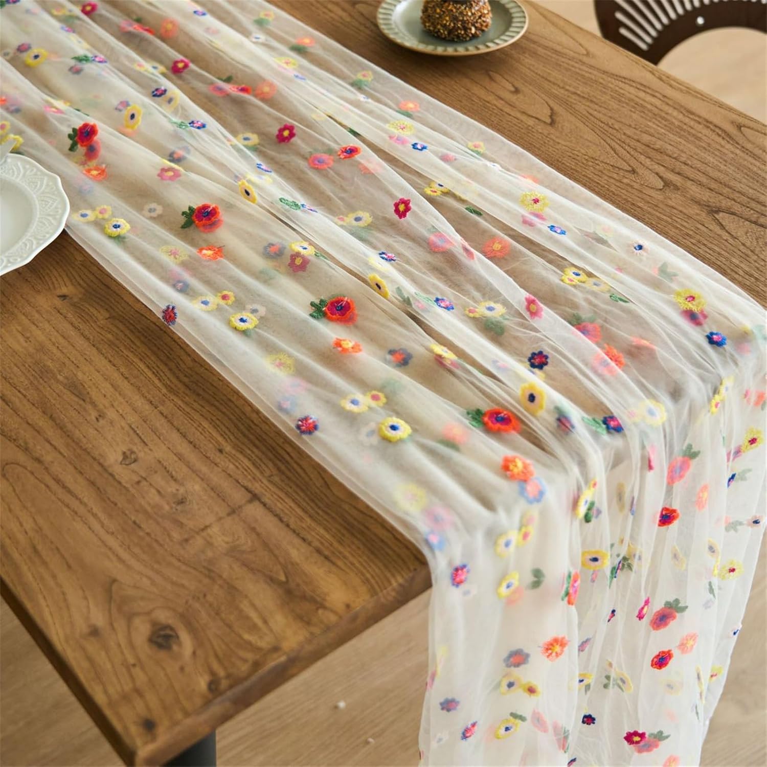 Broderi prästkrage sommar bordslöpare gasväv vårblommor blomma tyll födelsedag bröllopsfest hem matbordsdekor