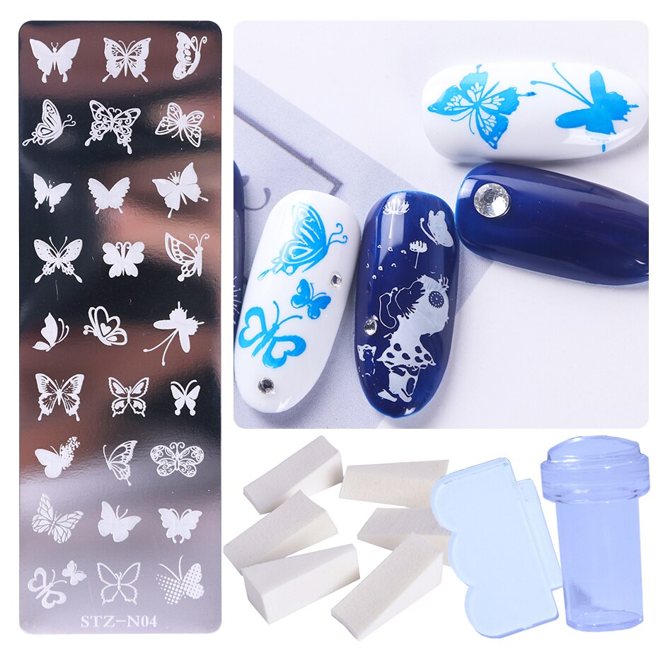 Pochoir pour ongles en dentelle, motifs de fleurs, papillons, feuilles, images d'animaux, tampons, grattoir, éponge, Kit d'outils BESTZN01-12: STZ-N04 Stamper Set