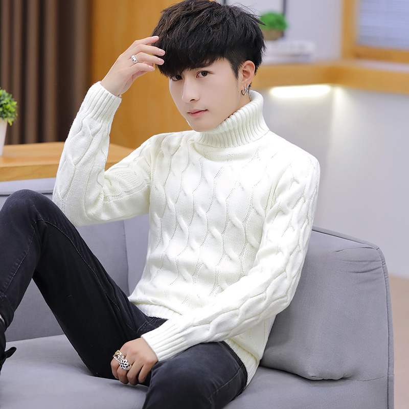 Mens Turtleneck Sweaters and Pullovers Winter Casual Solid Knitted Turtleneck Wool Sweater Men Pullover Homme: White / M
