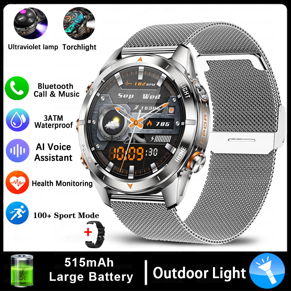 Quatro botões bluetooth chamada relógio inteligente masculino 1.43 Polegada hd sreen 100 + esportes 3atm lanterna à prova dwaterproof água smartwatch homem para huawei: Azul