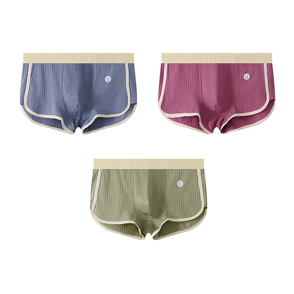 3PCS/Pack 100% Cotton Solid Striped Men's Boxer Sexy Breathable Mesh U Crotch Underwear High Elastic Widen Waistband Underpants: XXXL / Beige