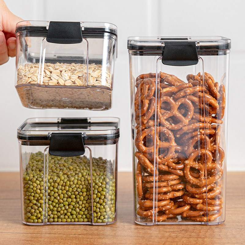 Køkken opbevaringsbeholder sæt mad lufttæt beholder top plast korn dispenser korn ris nudel beholder opbevaring med låg