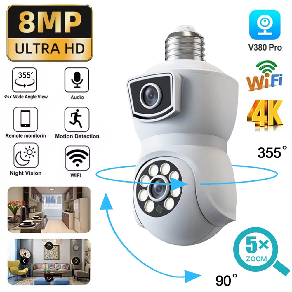 E27 4K Dual Screen Bulb WiFi Camera 8MP Dual Lens Auto Tracking Two Way Audio Color Night Vision Outdoor Security Camera v380pr