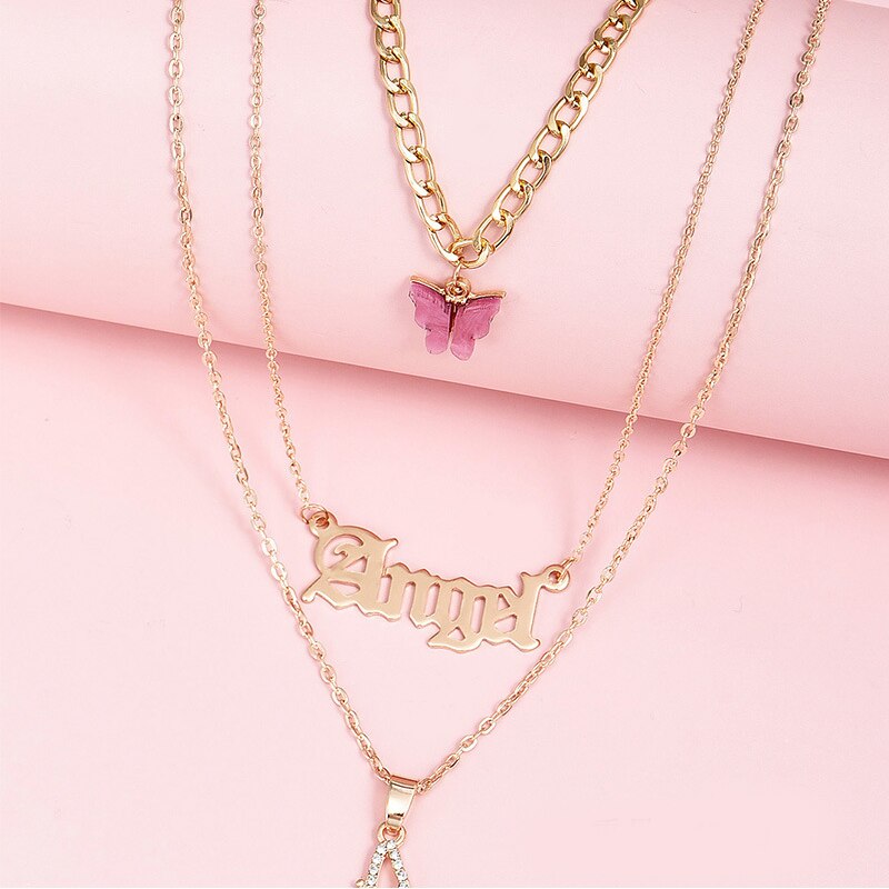 3Pcs/Set Charm Women Necklaces Set Letter Angel Hollow Butterfly Clavicle Chain Gold Necklace Wedding Party Lady Jewelry