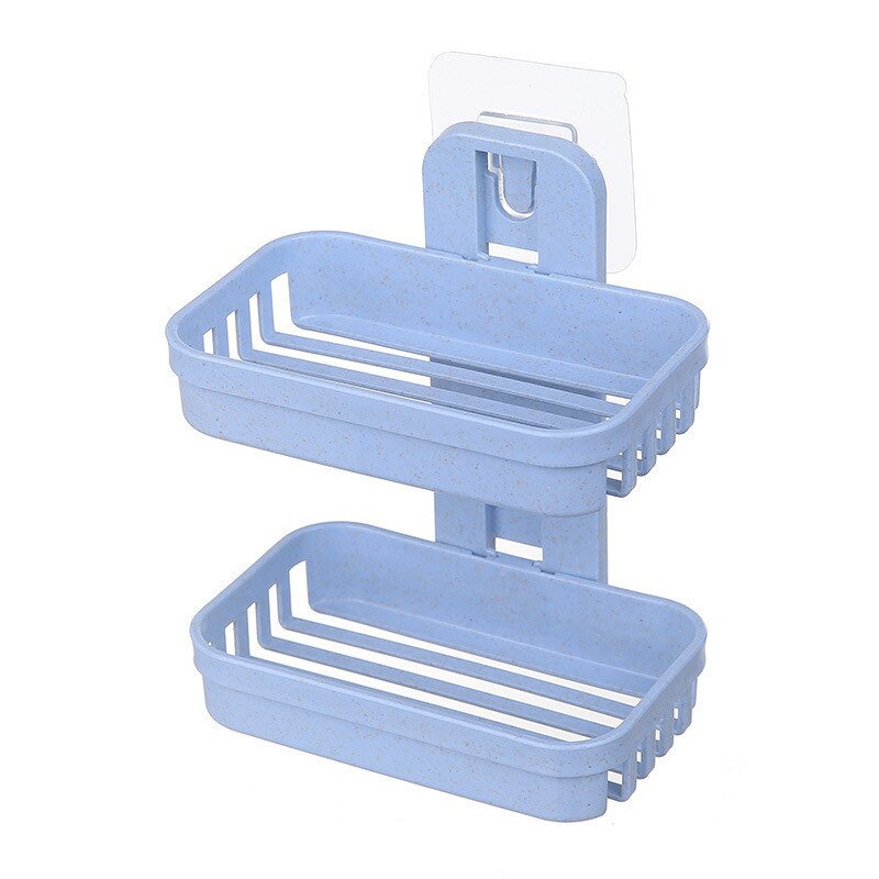 Soporte de plástico con ventosa para el baño, soporte de pared de doble cubierta, drenaje , almacenamiento de jabón, bastidores dobles, novedad: Azul