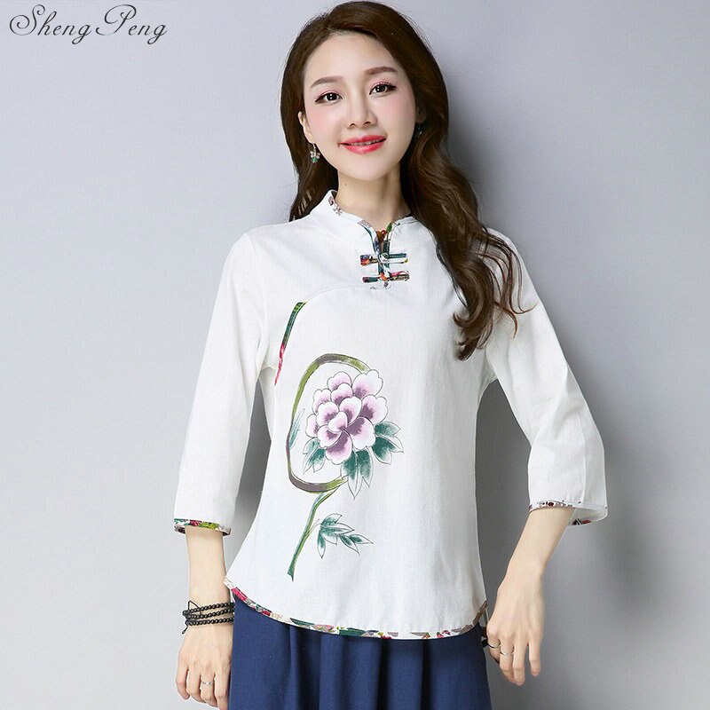 Traditional chinese blouse shirt tops for women mandarin collar oriental linen shirt blouse female winter cheongsam top Q732: 1 / L