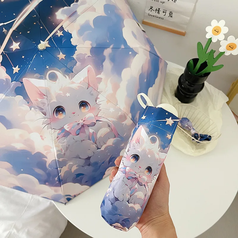 Opvouwbare paraplu met schattige kattenprint, zonbescherming en UV-verdediging, compact, automatisch versterkt frame, polyester pongee-stof voor dames