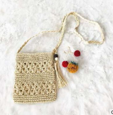3 de las mujeres bolsa de paja de mimbre tejido bolso verano playa bolsas de vacaciones de playa Casual hecho a mano monederos: Sq Beige