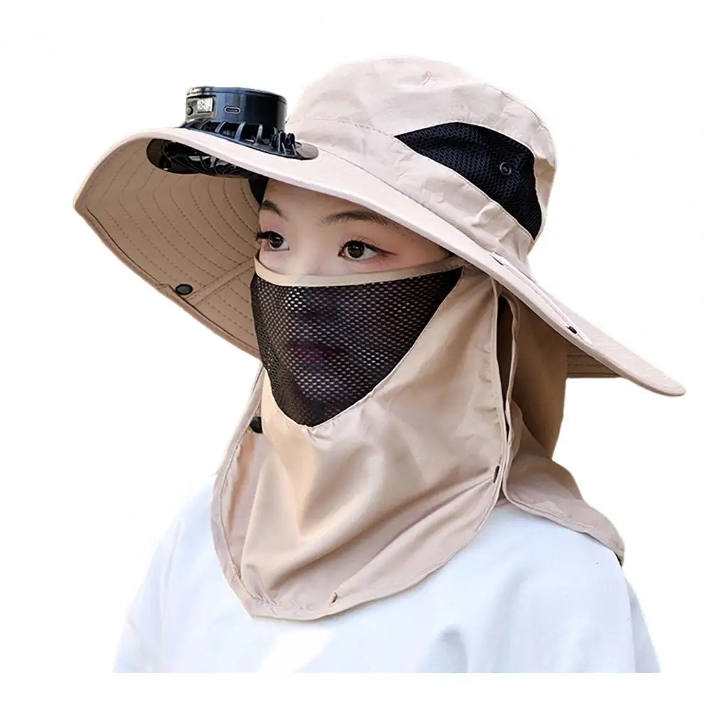 Sombrero con ventilador Solar con protector facial, solapa para el cuello, sombrero con protección UV, recargable por USB, para hombre, verano, pesca al aire libre, gorra de cubo de ala ancha: Caqui
