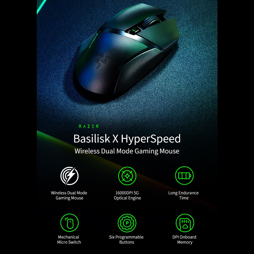 Razer Basilisk X Hyperspeed Wireless Gaming Mouse: Bluetooth &amp; Wireless Compatible 16000DPI DPI Optical Sensor