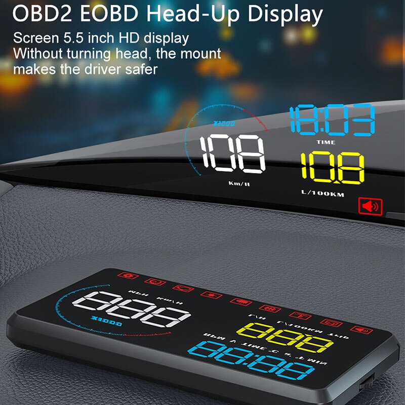 Multifunction Car HUD Display, Head-up Display Dual Mode OBD GPS HUD Meter 4 Alarm 8 Display Interface for Vehicle