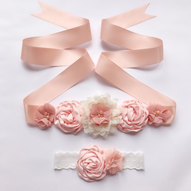 Boda de cinturón faja Floral cinturones de vestido para mujer de la boda de novia de flor Flor de cinta de raso cinturón con diadema bebé: peach