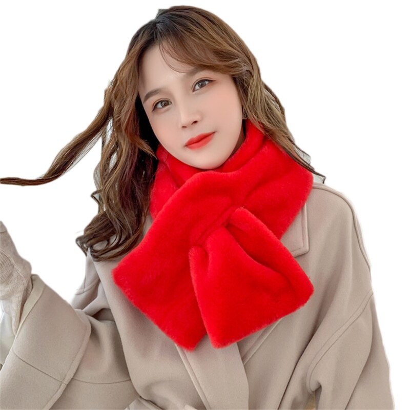 Women Thick Fuzzy Plush Loophole Cross Collar Scarf Solid Color Neck Wrap Shrug: Red