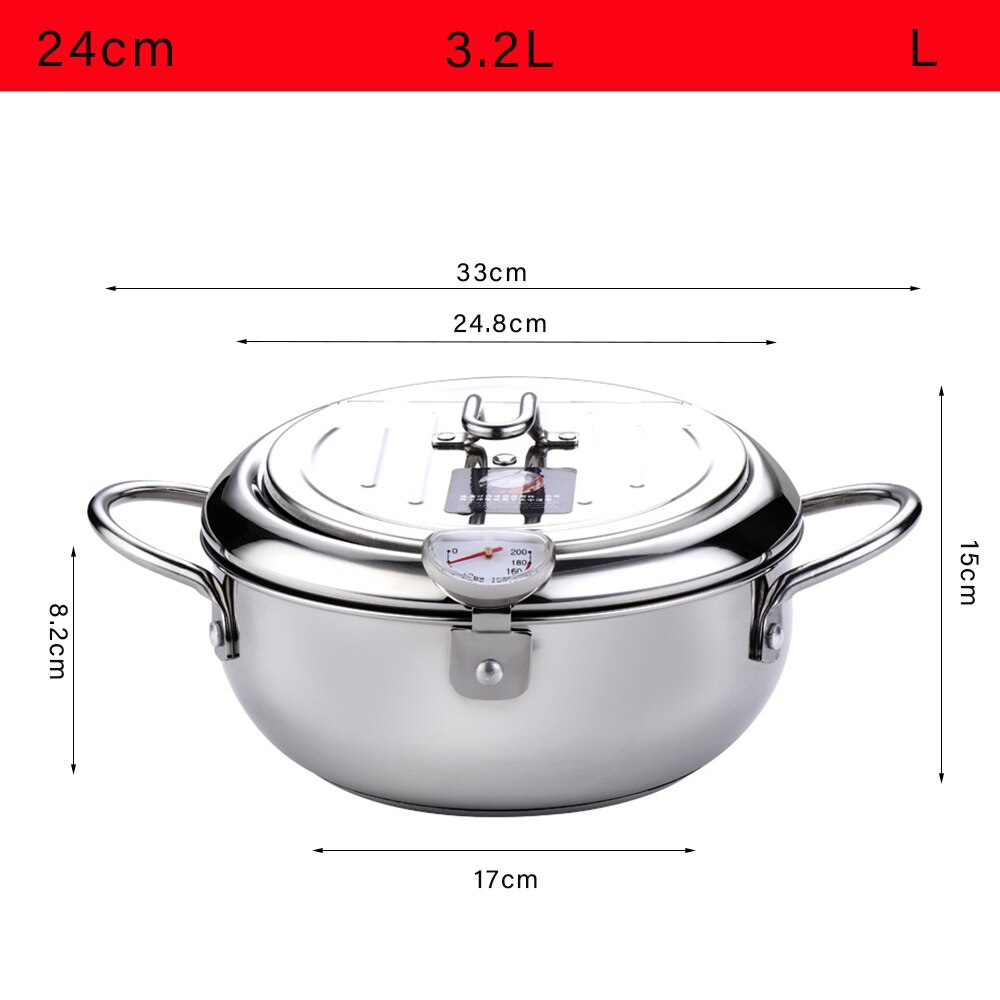 Deep Frying Pot Thermometre Tempura Fryer Pan Temperature Control Fried Chicken Pot Cooking Tools 304 Stainless Steel Fryer: 24CM 3.2L