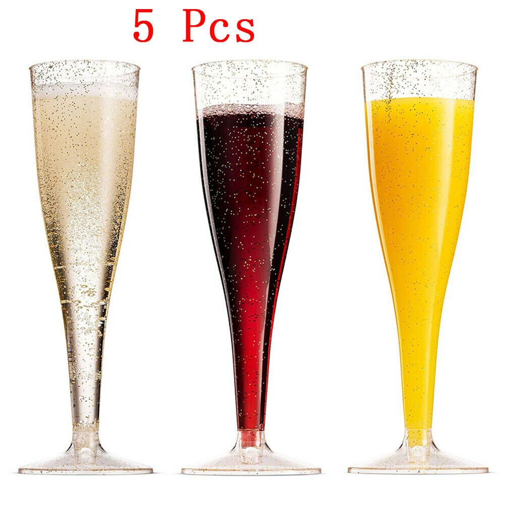 5pcs Gold Glitter Plastic Champagne Flutes ~ 6 Oz Clear Plastic Toasting Glasses