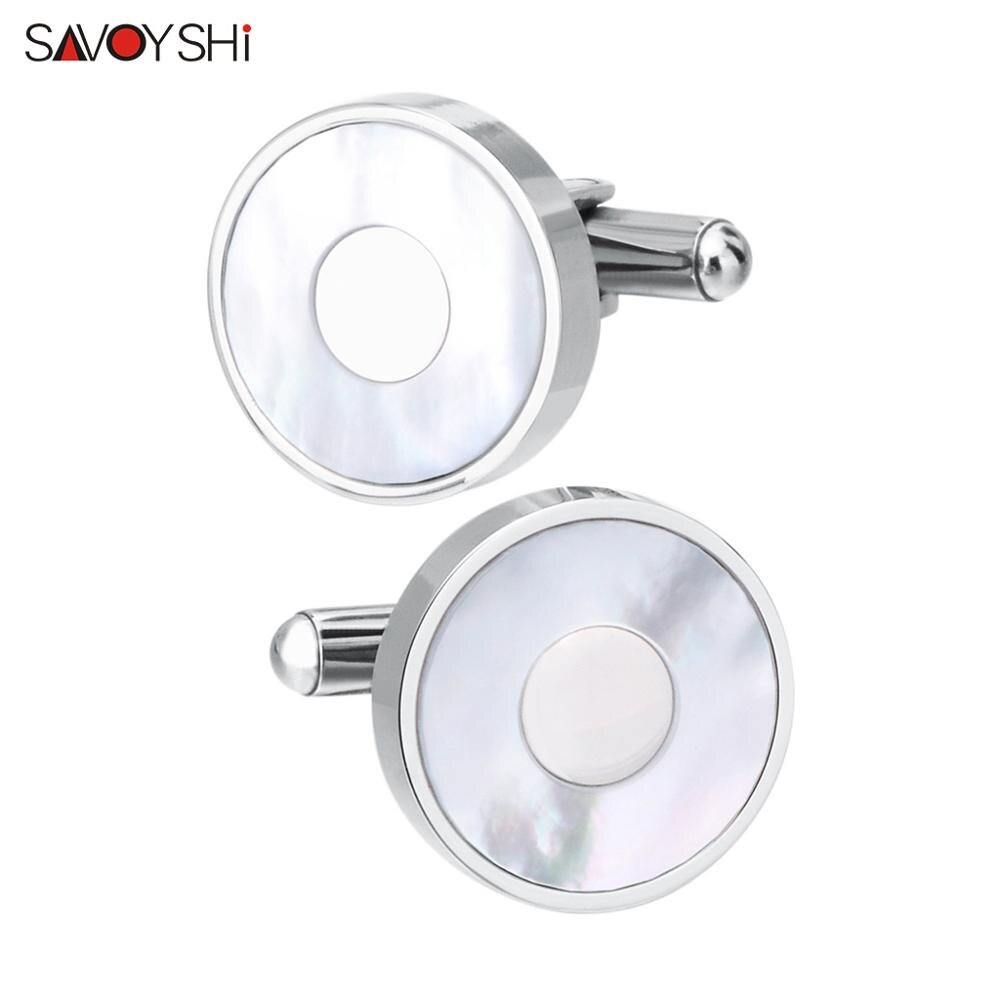 SAVOYSHI Silver color Mens Cufflinks Brand White Shell Cuff links Round Formal Business Wedding Shirts Jewelry: Only Cufflinks