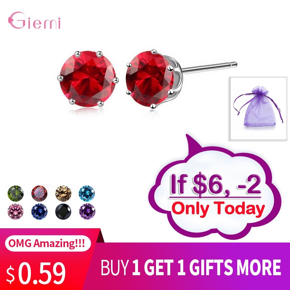 Cubic Zirconia CZ Stone 6MM Jewelry Stud Earrings 925 Sterling Silver Earrings Women 20 Colors: Color19