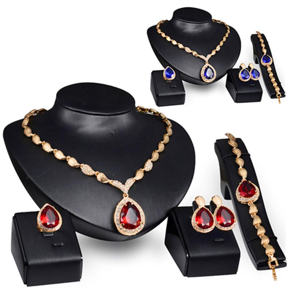 Vrouwen Sieraden Set Formele Party Waterdrop Zirconia Ketting Oorbellen Armband Ring Indian Sieraden Sets