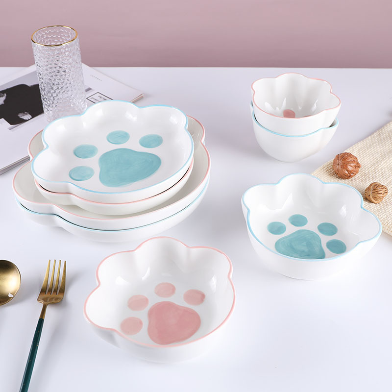 Kawaii Cat Claw Bowls Cartoon Ceramic Bowl Breakfast Dishes Home Cute Cat Dog Paw Western Food Salad Plate