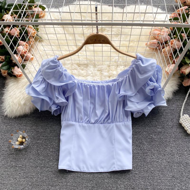 Korea süße sanfte Blusas Sommer neue Rüschen Hemden hohe Taille kurzes Hemd Femme Vierkant ausschnitt Puff ärmel Blusen: L / Blau