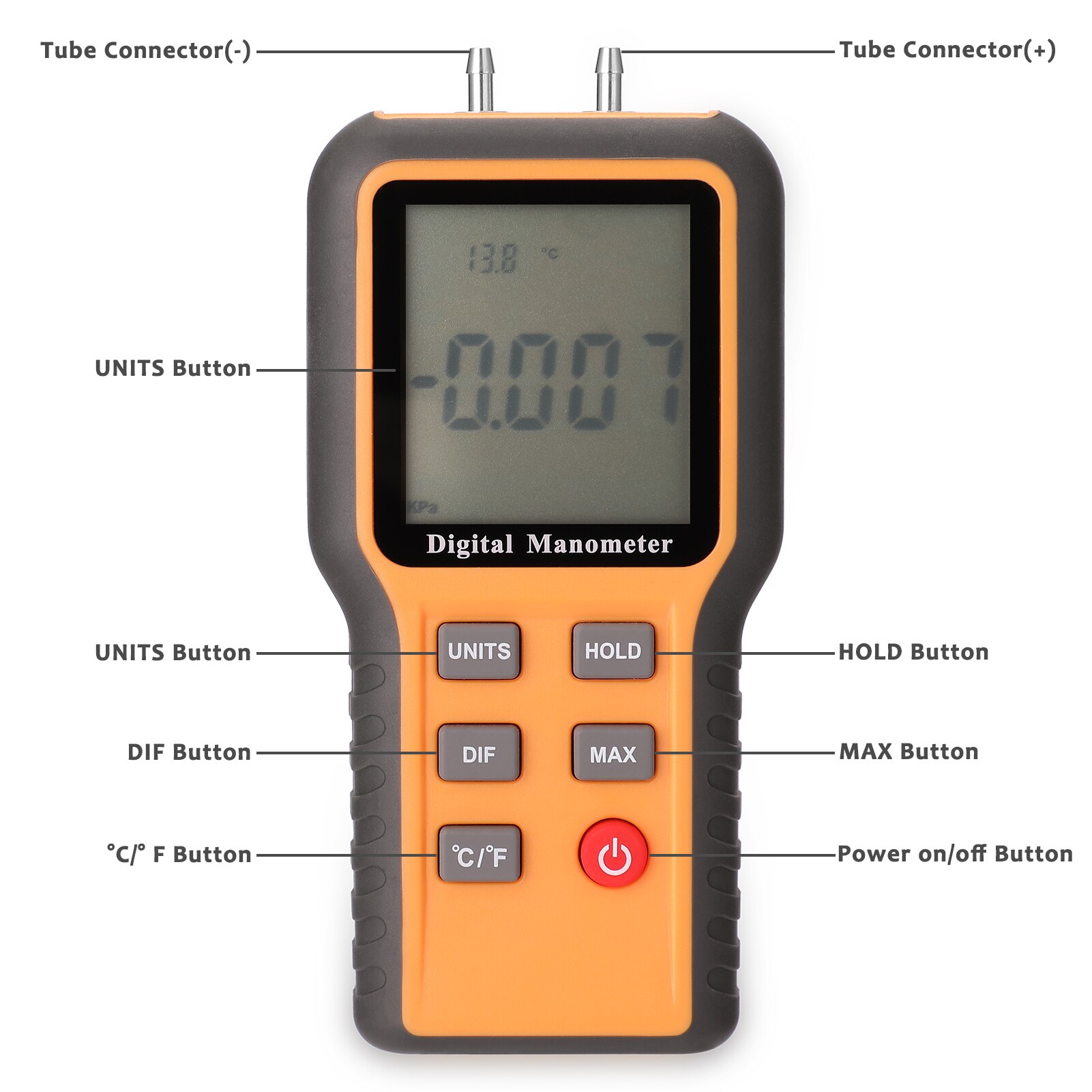Digital Manometer LCD Display ℃ ℉ Switchable 12 Pressure Units Temperature Measurement Tool Pipes Pressure Measuring Device