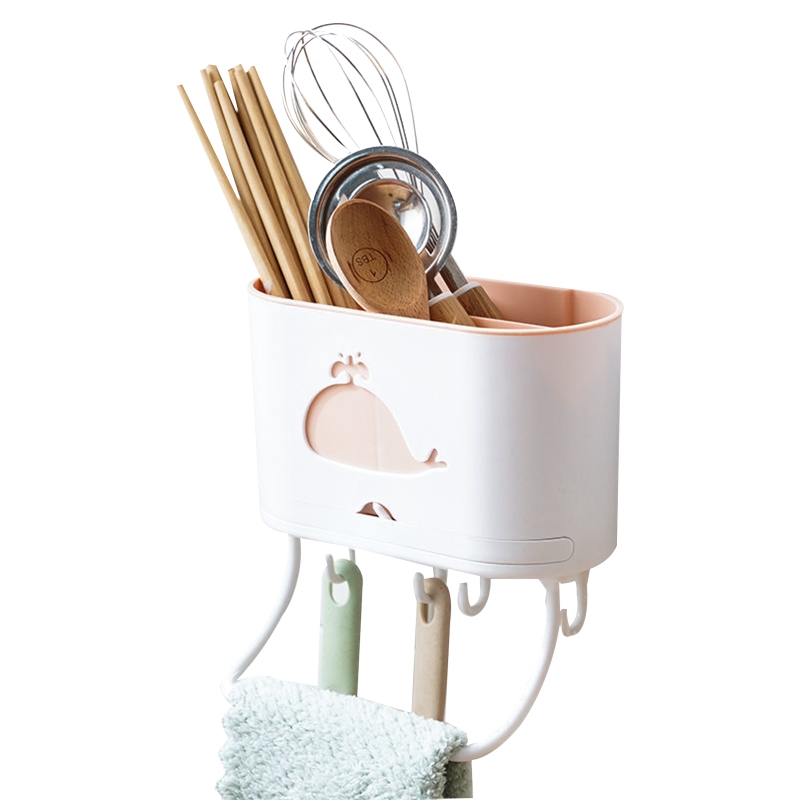 Multi-use Kitchen Organizer Wall Mounted Utensil Rack Flatware Drying Rack Sink Caddy with Hooks &amp; Towel Rack Punch-free: white powder