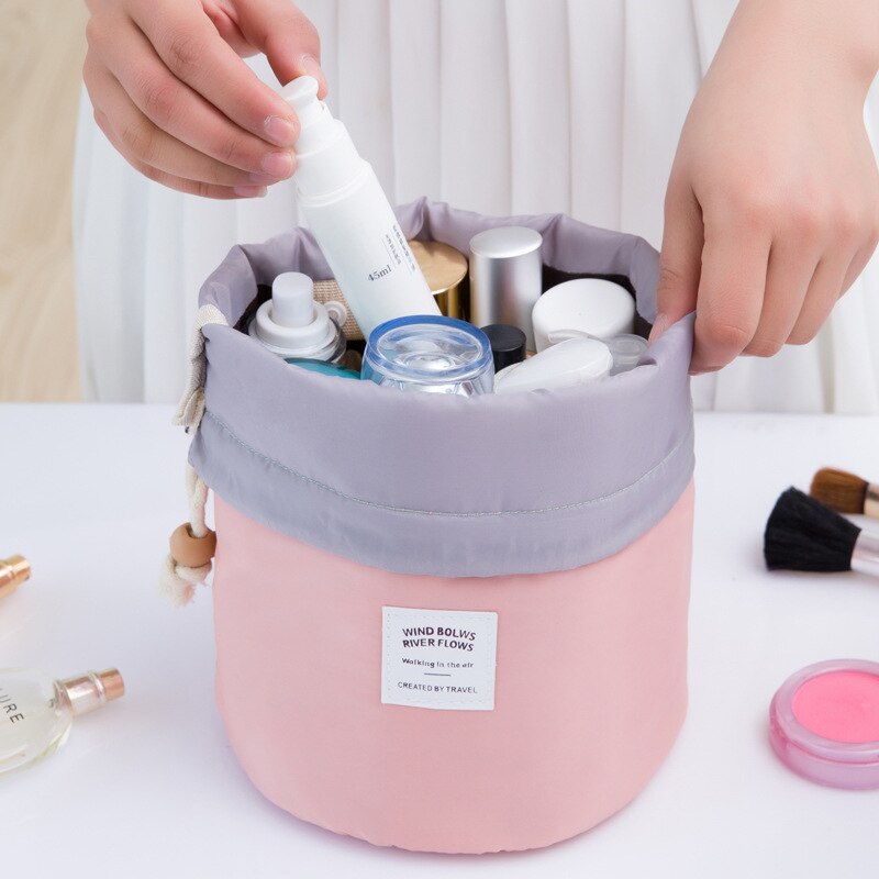 Beautician Barrel Shaped Travel Cosmetic Bag Nylon High Capacity Drawstring Drum Wash Bags Makeup Organizer Storage: Pink