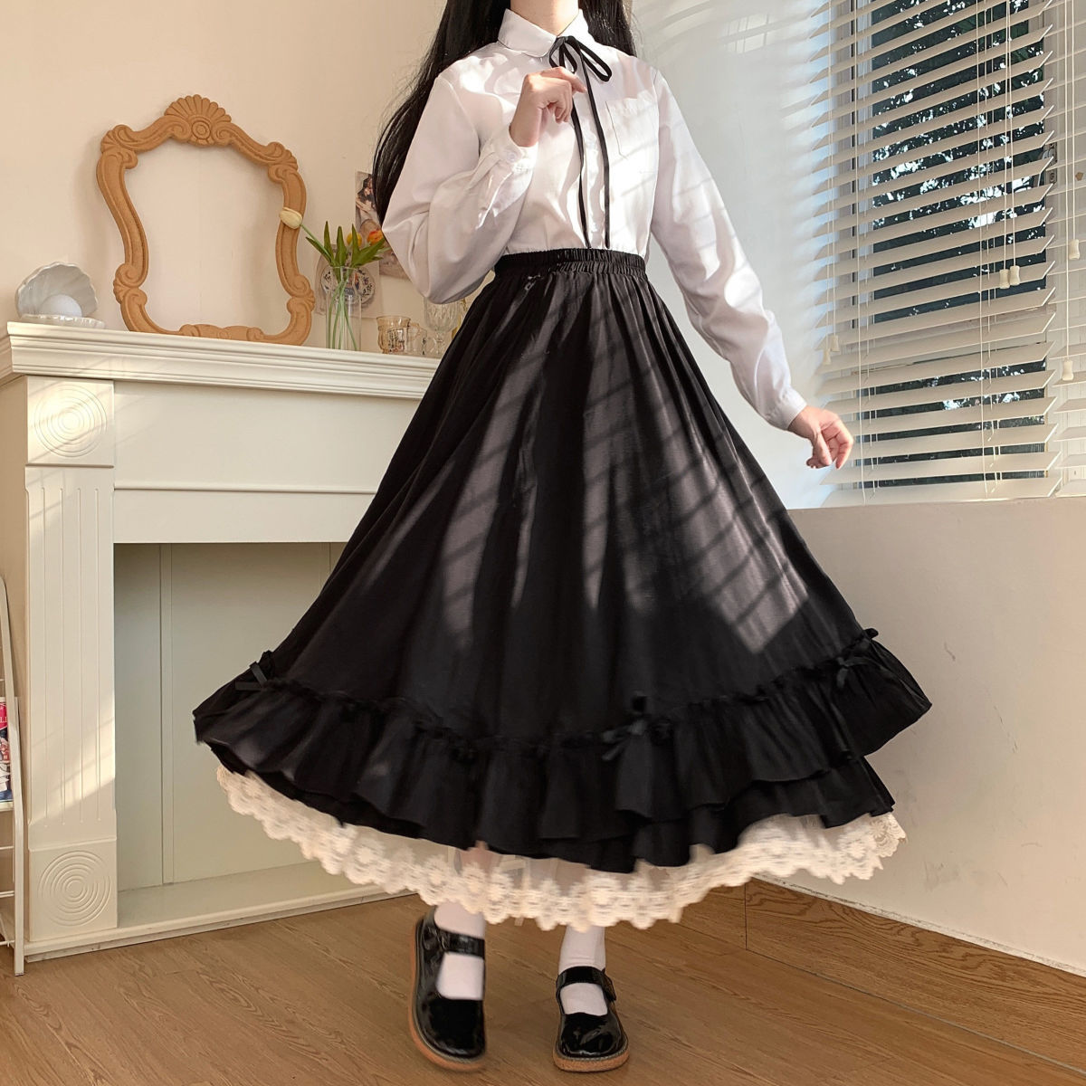 Women's Skirt Vintage French Ruffled Double Layer Half Skirt Lolita Long Skirts Women 2023 A-line Pleated Skirt
