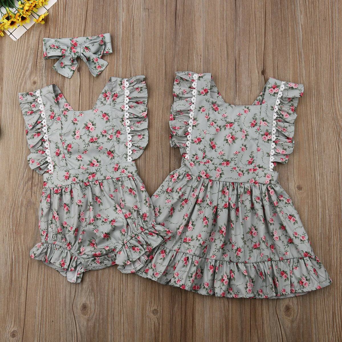 Familie Passenden Outfits Kleine schwester und Große Schwester Passenden Blumen- Kleid und Strampler