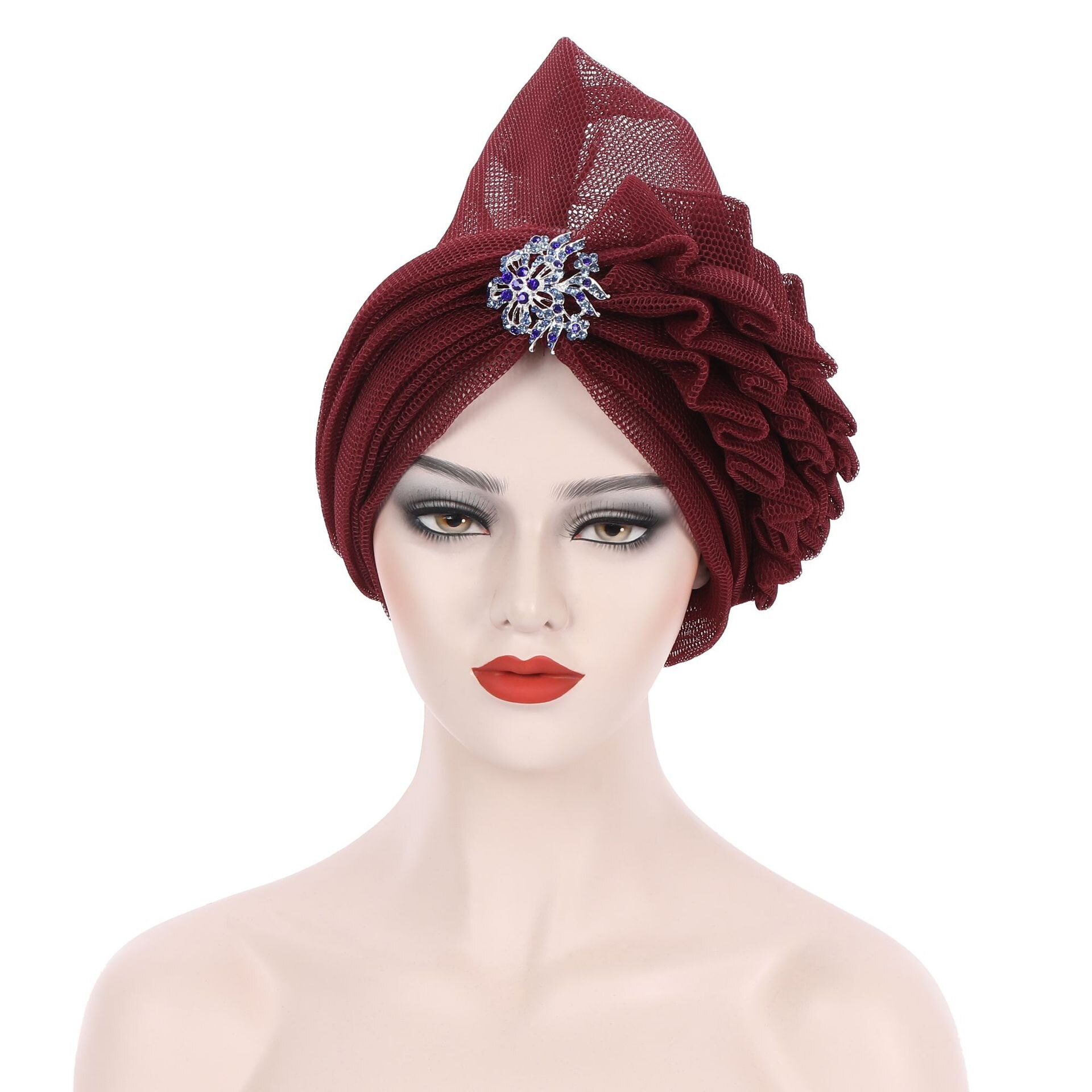 Couvre-chef africain en maille pour femmes, casquette Turban d&#39;été, couvre-chef prêt à porter, avec diamants exagérés, chapeau pour dames, gels de mariage, 2022: wine red