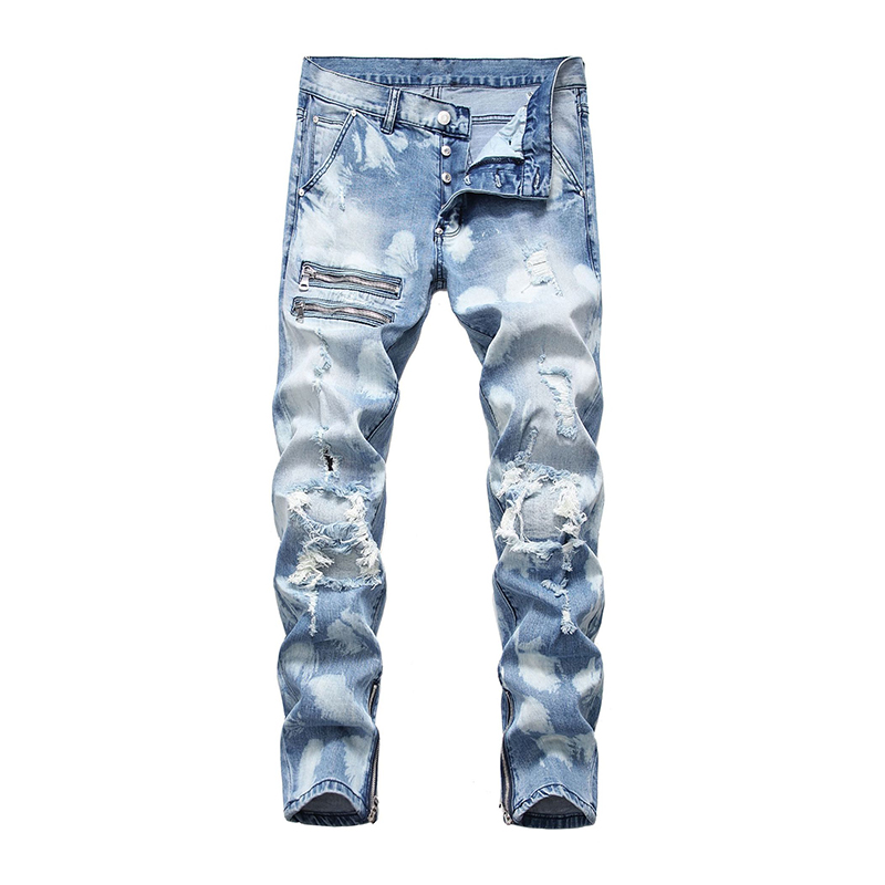 Sokotoo Men's zippers ripped jeans Plus big size light blue tie and dyed holes patchwork denim pants Buttons fly trousers