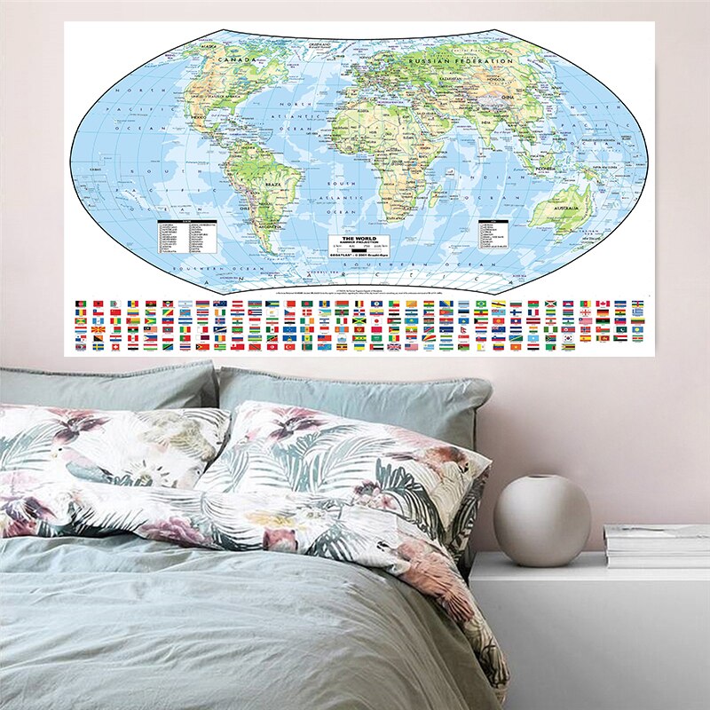 The World Political Map with National Flags Non-woven Foldable Canvas Painting 225*150cm Art Poster Wall Sticker Card Home Decor