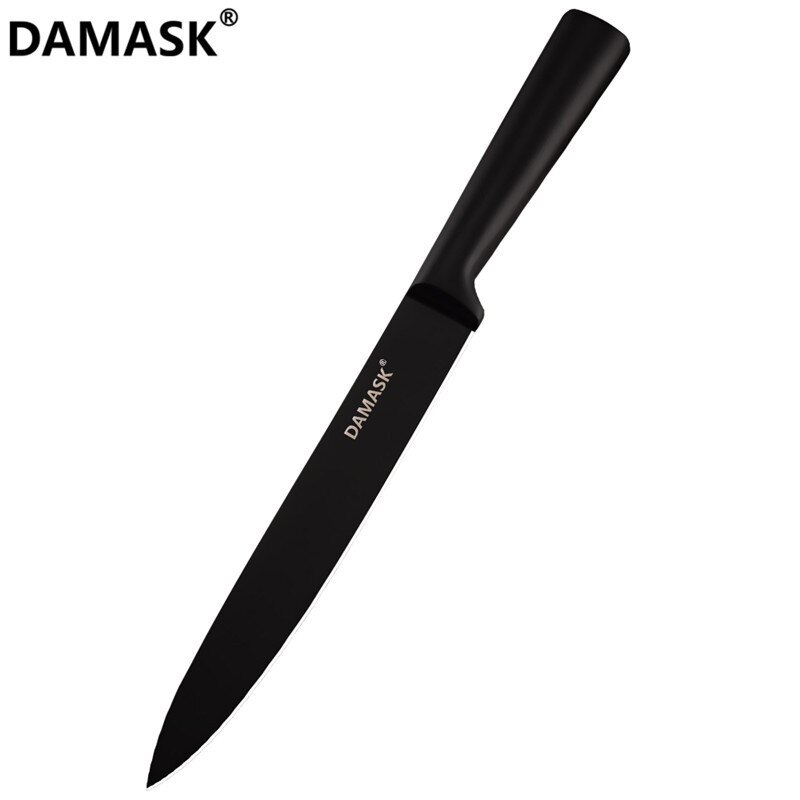 Damask sort rustfrit stål køkkenkniv belægning non-stick skarpt blad kokkeknive letvægts håndtag køkkenkniv sæt: 8 tommer skæremaskine