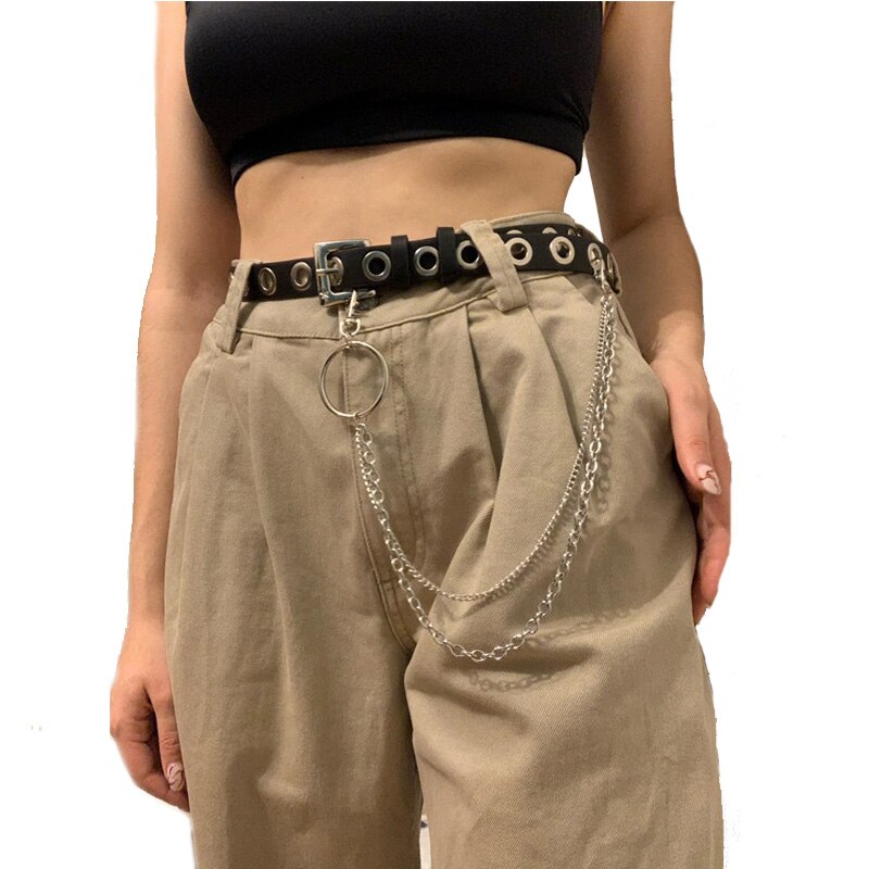 Holle punk jurk jeans riem met ketting pu leer verstelbare zwarte ring riem rij gat oogje vrouwelijke decoratieve taille riemen