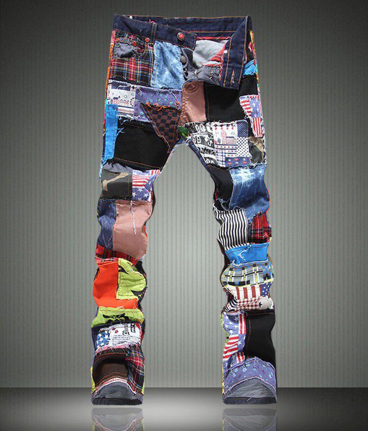 Pantalones vaqueros rasgados de retales para hombre, pantalones vaqueros masculinos ajustados a la con botones de parche de colores, Pantalones rectos con volantes: 38