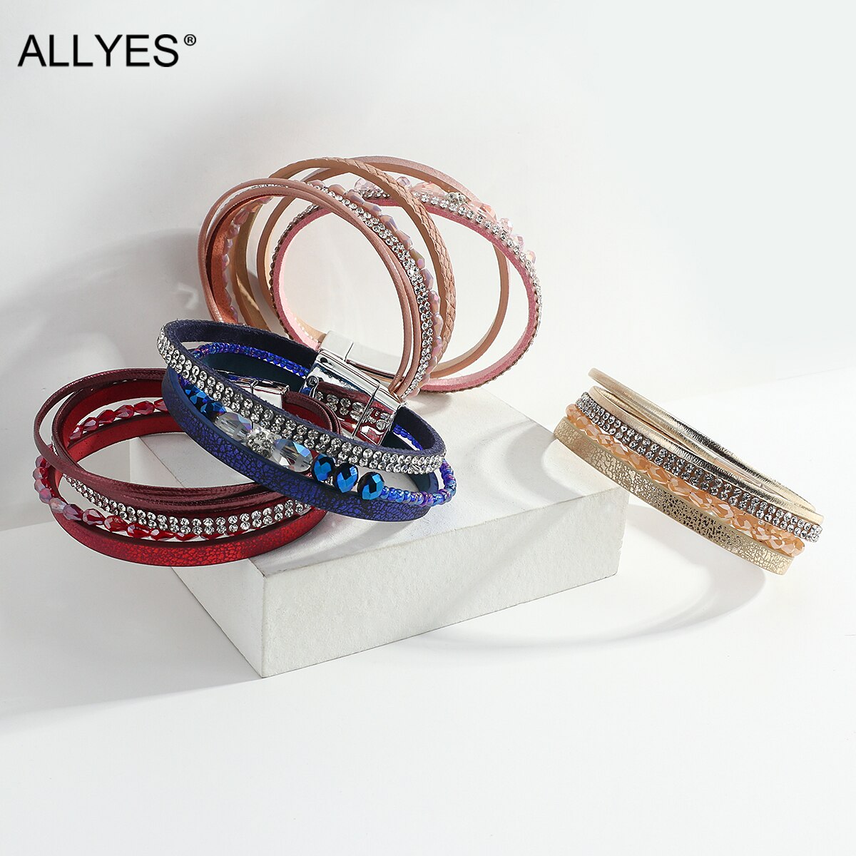 Allyes Kristal Kralen Lederen Armbanden Voor Vrouwen Simple Multilayer Rhinestone Roze Wide Wrap Armband Vrouwelijke Sieraden