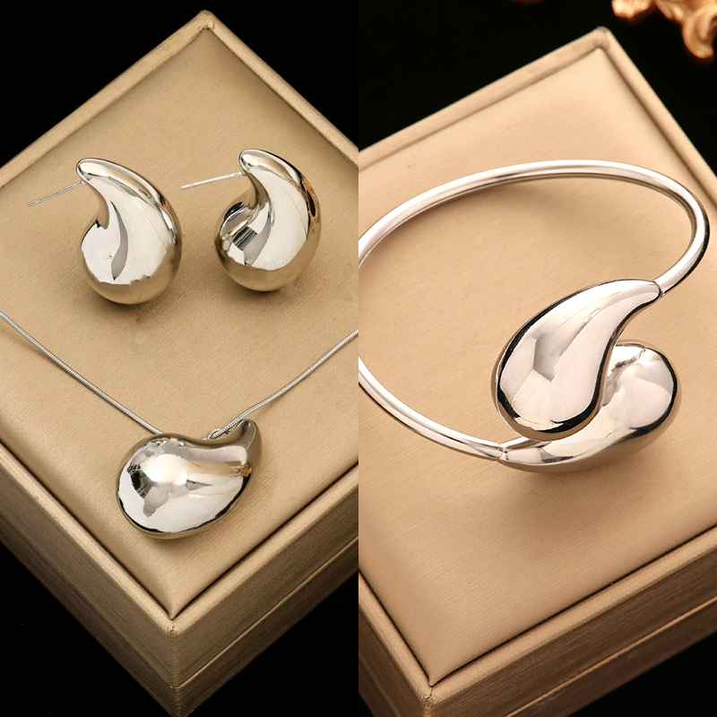 EILIECK 316L Acero inoxidable brillante gotas de agua collar pulsera pendientes conjunto para mujeres conjunto de joyería impermeable de: Plata antigua plateada