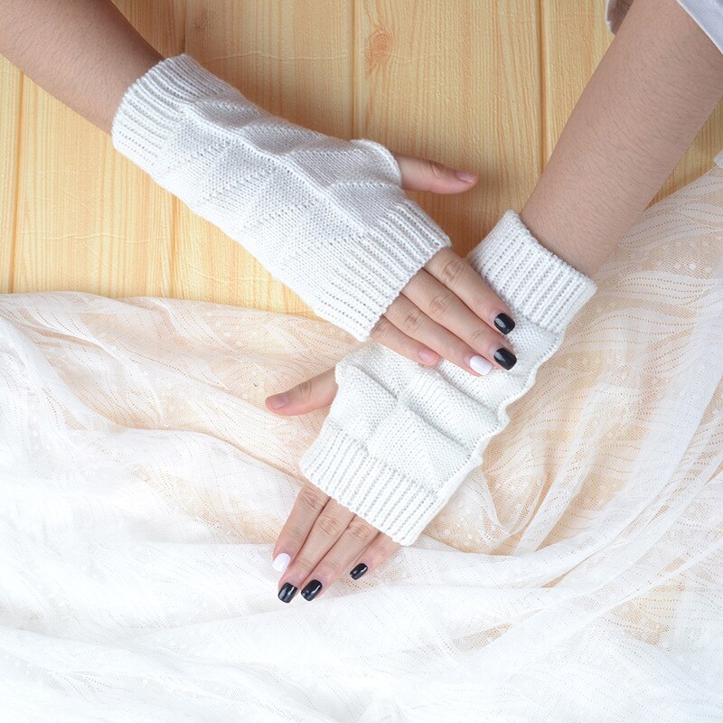 Strikket hæklet lange fingerløse vanter ensfarvet kvinder vinterhandsker håndled arm hånd varmere uld strikning arm handsker: Hvid